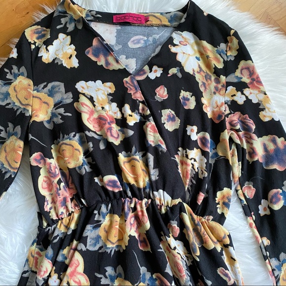 BOOHOO Black Floral Wrap Elastic Waist Dress - Picture 2 of 7